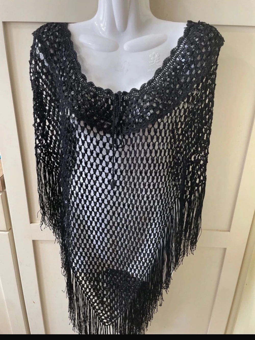 Black Crochet Fringe Poncho Sweater - Women's